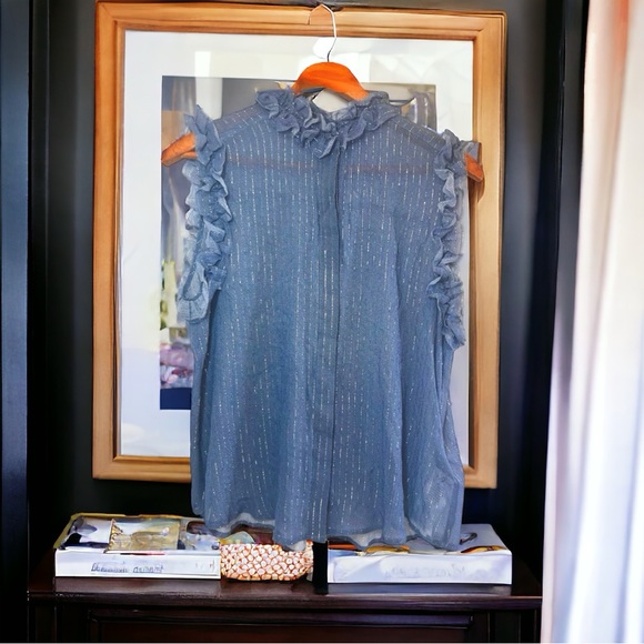 7 for All Mankind Sleeveless Ruffle Trim Shirt Denim and Gold Extra Small NWT - Picture 3 of 16